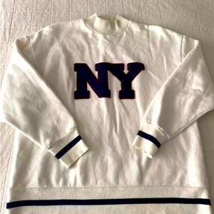 ZARA NY New York Sweatshirt Cream Navy Crewneck Long Sleeve Size Small